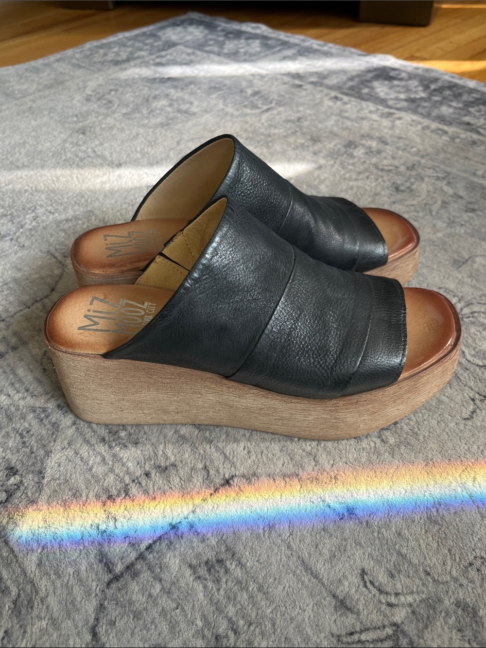 Miz Mooz Black Leather Wedge Slide with Wood-Look Platform